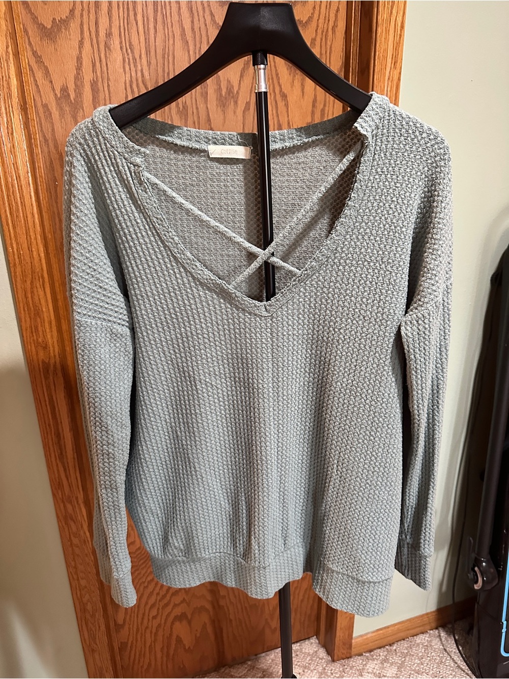Women’s soft green Crisscross V-Neck Waffle Knit Top
